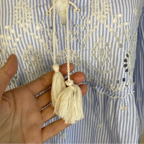 Gap Striped Embroidered Eyelet Tiered Peasant Blouse Tassels Puff Sleeves Sz XS - Picture 5 of 16